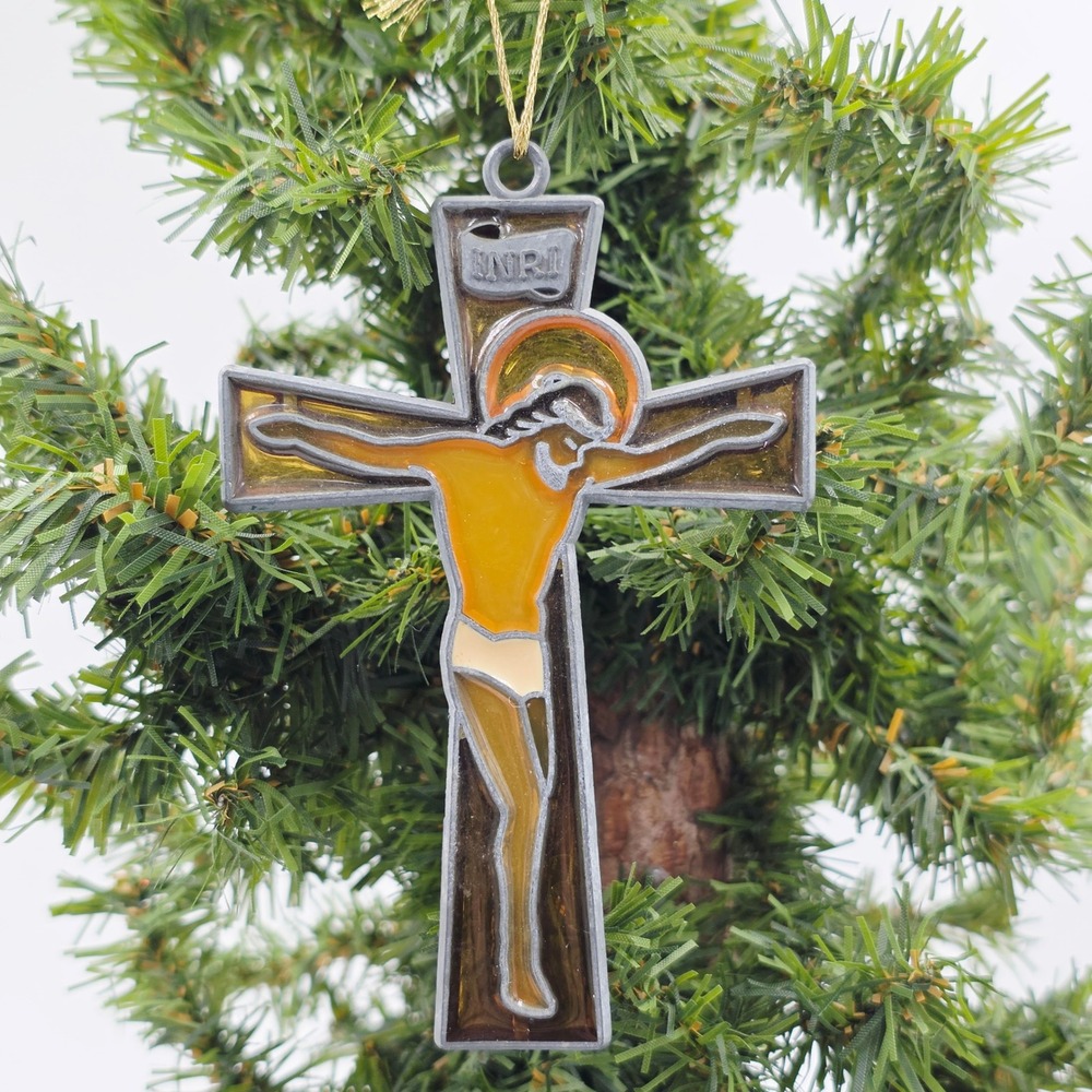 Vintage Religious Jesus Christ Crucifix Ornament INRI Suncatcher Decor‎ Gift 70s